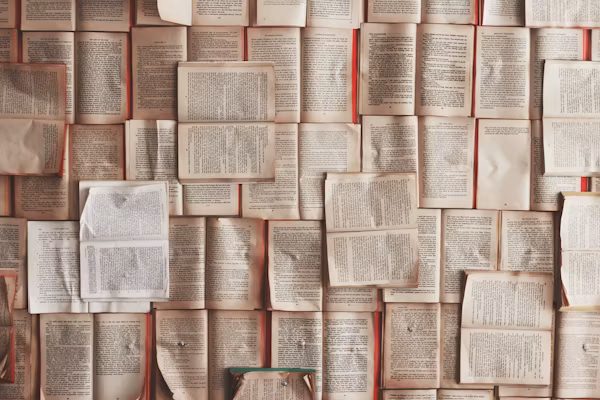 A wall of open books and printed pages overlapping each other