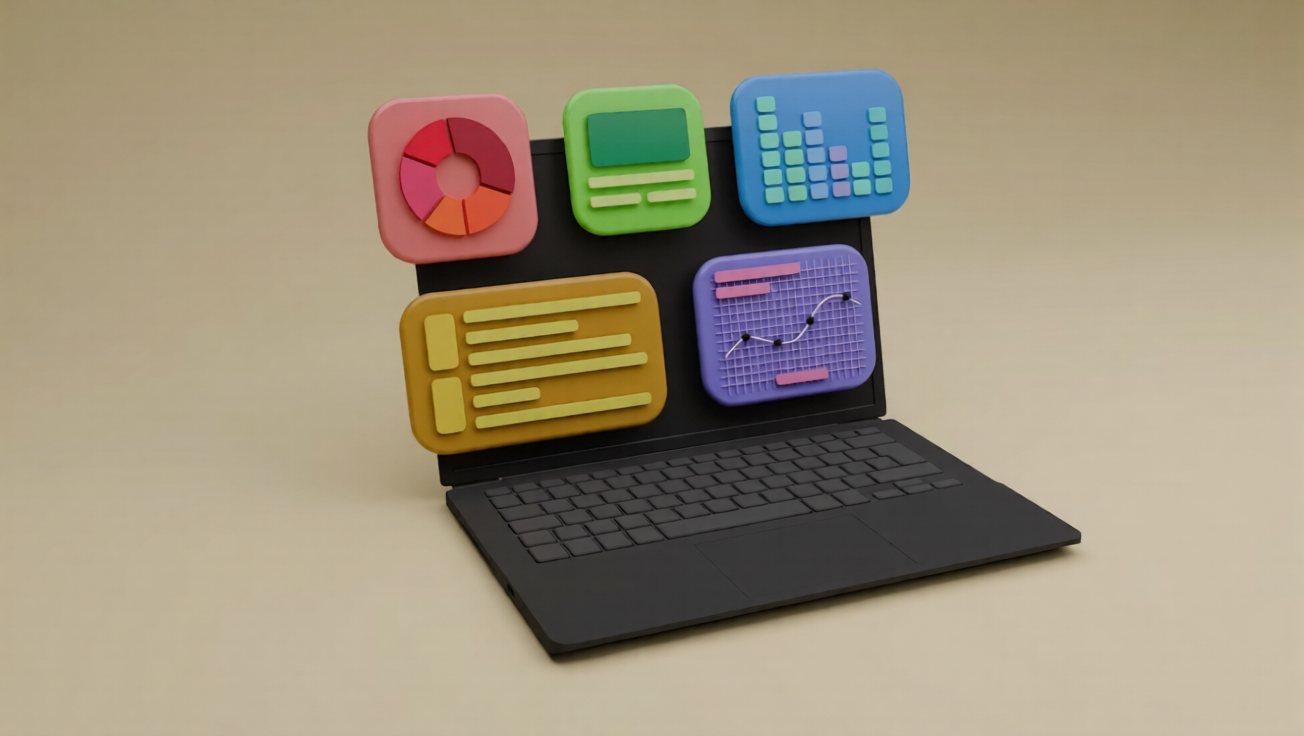 A laptop with colourful app icons floating above it, building apps without code